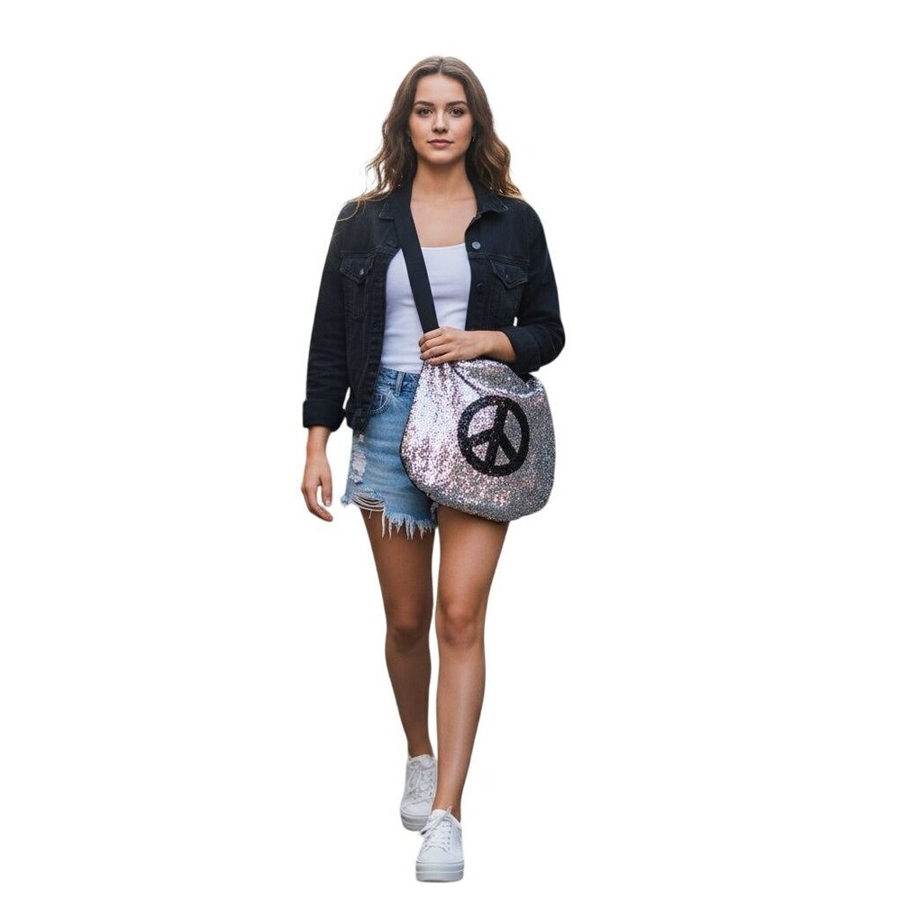 Fashion Express Silver Sequined Peace Sign Bohemian Crossbody Tote Bag 14"x14"